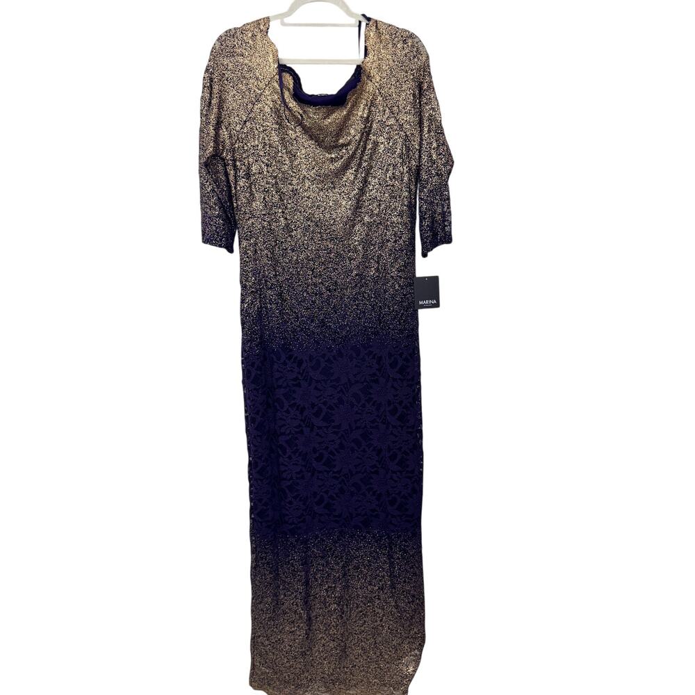 Marina Womens Glitter Lace Maxi Dress Size 16 Wedding Formal Party Plum Gold